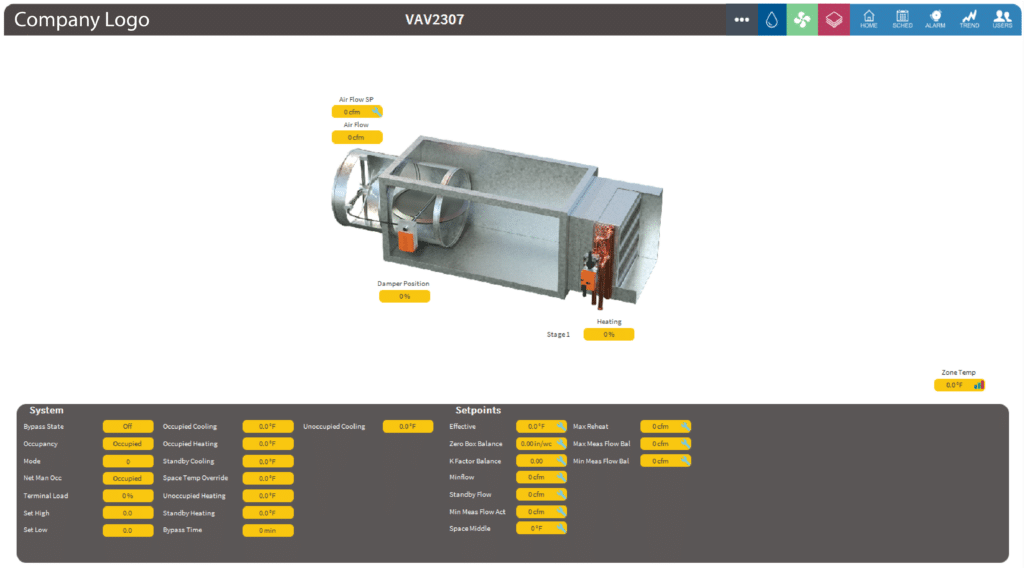 A building BAS graphics HVAC control interface displays a 3D air handling unit diagram with labeled parts and control points. Below, system modes, options, and setpoints are listed with current values and editing buttons on a grey panel.