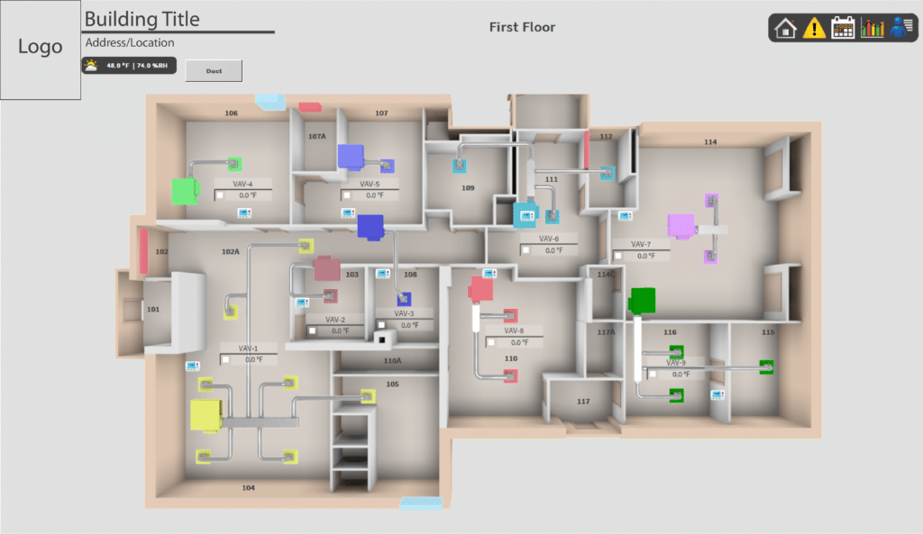 Digital floor plan of a building's first floor with labeled rooms, colored equipment icons, room numbers, and temperature readings; bas graphics enhance navigation and status icons at the top right, with building info on the top left.