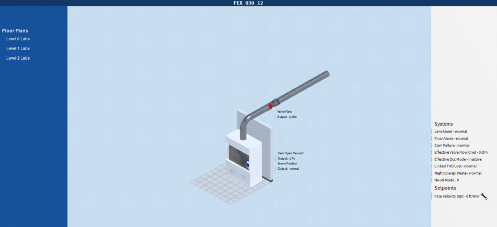 A digital diagram features bas graphics with a white box-shaped unit connected to a long horizontal pipe labeled "Main Flow." System status and values are listed on the right, while floor plan navigation links appear on the left side of the screen.
