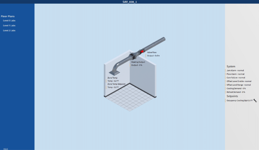 3D diagram of a room corner with bas graphics showing an HVAC duct, labeled water and heating/cooling output flows. System status and setpoints are listed on the right, with floor plan navigation links on the left.