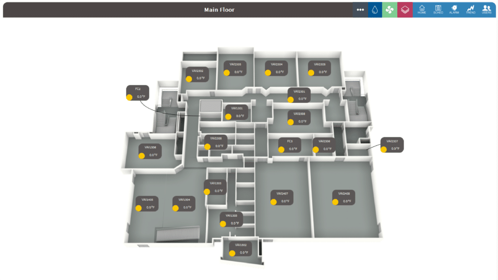 3D floor plan of a building’s main floor, showing multiple labeled rooms with their area in square feet, bas graphics style white walls, gray floors, and a navigation bar with icons at the top of the image.