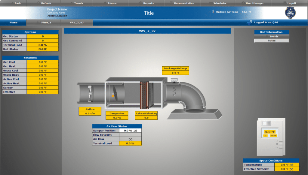 A building automation system interface with BAS graphics displays a ventilation unit diagram with labeled parts and status indicators, including airflow, damper position, and filter. Side panels show system, air flow, and space condition data.