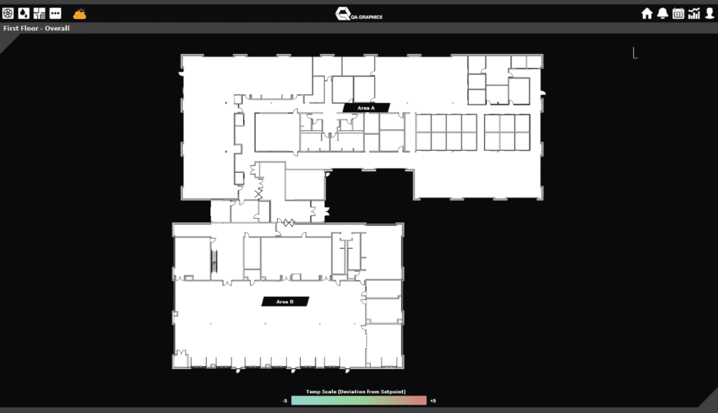 Digital floor plan map with BAS graphics, showing two labeled sections: "Area 1" on the lower left and "Area 2" near the center top. The black background features navigation icons at the top.