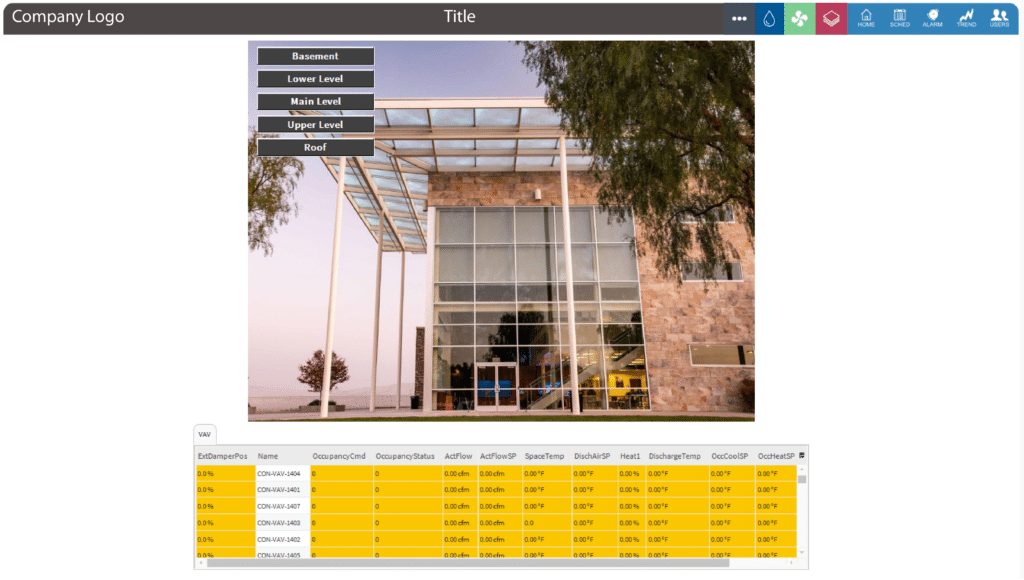 A building with large glass windows and stone walls is shown under a metal canopy, enhanced by bas graphics. Five labeled buttons for building levels overlay the image, and below is a highlighted data table with rows and columns.