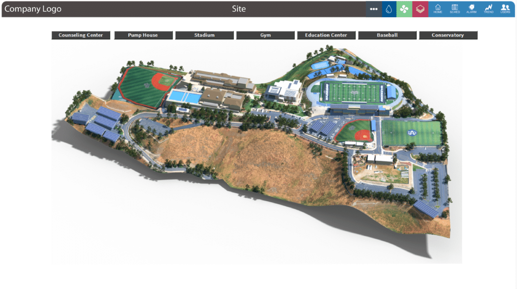 A 3D-rendered map of a campus features bas graphics and labeled areas: Counseling Center, Pump House, Stadium, Gym, Education Center, Baseball, and Conservatory. Athletic fields and buildings appear amid trees and roads.