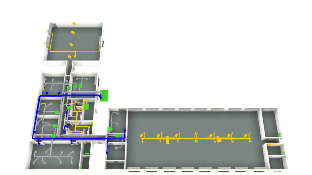 3D floor plan showing rooms, walls, and corridors with colored lines and symbols representing ducts, pipes, or wiring systems. Yellow, blue, and green elements indicate different utilities or mechanical systems throughout the building.