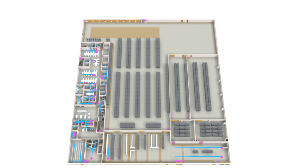 A 3D floor plan of a large building shows multiple rooms and wide open areas filled with rows of shelves or racks, likely representing a warehouse or storage facility. Key features and doorways are highlighted in purple.