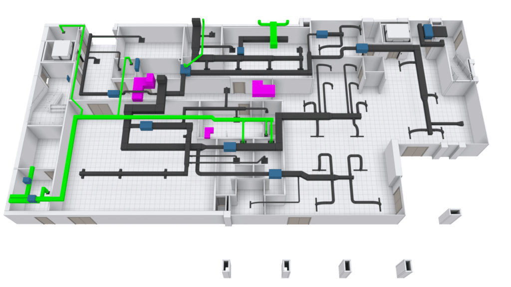 3D floor plan of a building showing an HVAC duct system. Black ducts run through rooms and hallways, with green pipes and purple and blue HVAC units attached throughout the layout.