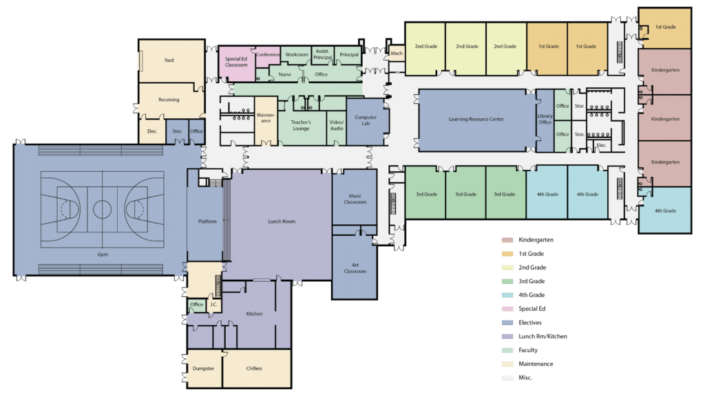 A 2D, color-coded elementary school floor plan shows classrooms by grade, a gym, lunchroom, library, offices, and specialized rooms. Rooms are labeled and grouped by function; a legend explains the color-coding for each type of room.
