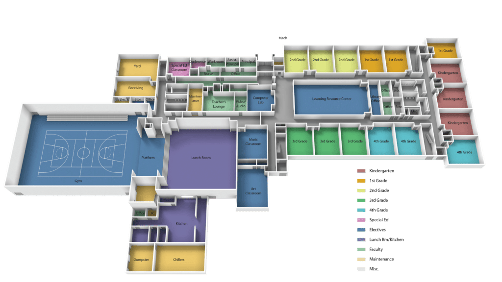 2D and 3D floor plan of a school building, labeled by room type and grade level, with color-coded areas for classrooms (Kindergarten to 6th Grade), gym, art, music, faculty, maintenance, electives, and cafeteria.
