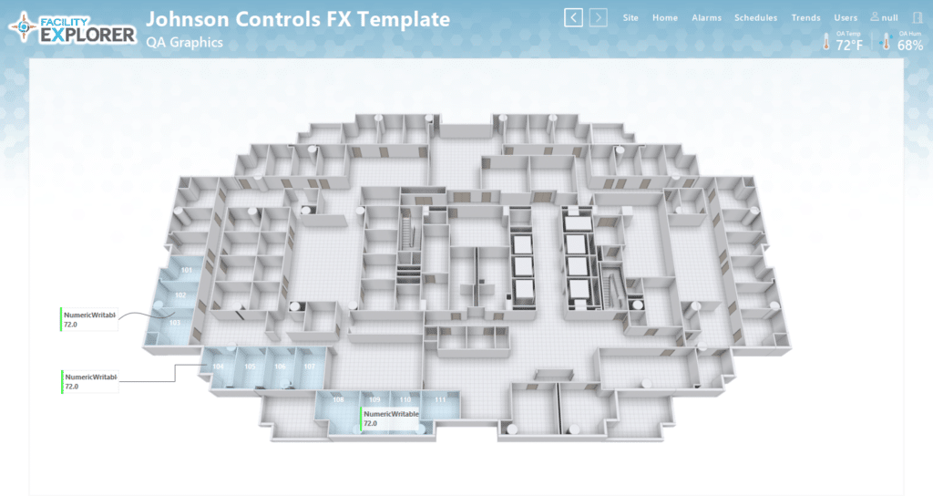 3D floor plan of a building displayed on the Johnson Controls FX Template interface, with highlighted rooms labeled as "Neusemeltvitchal 7.02." Temperature and humidity are shown in the top right corner.
