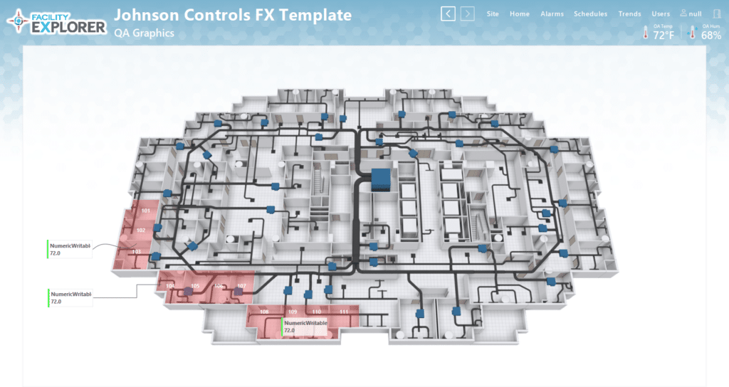 3D floor plan of a building labeled "Johnson Controls FX Template," showing HVAC or facility systems with blue and black lines throughout, and two sections in the lower left highlighted in pink with labels "NuemschWinlab1 72.0.