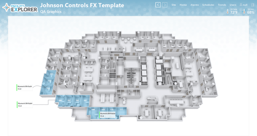 A digital floor plan from the Facility Explorer FX Template shows various rooms and hallways, with several rooms highlighted in blue and temperature readings of 72.0°F displayed in those rooms.