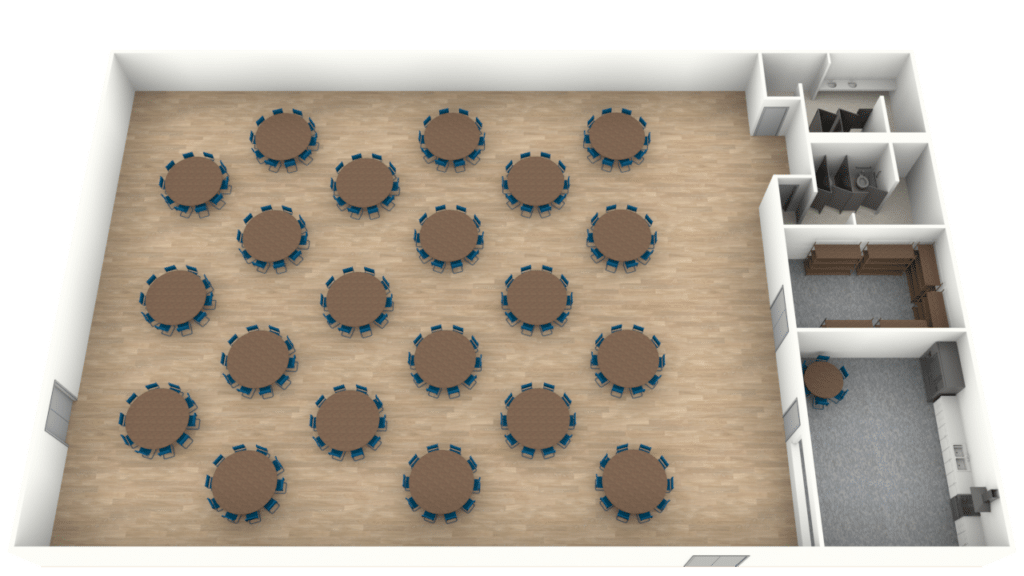 A top-down view of a large room with 20 round tables, each surrounded by several chairs. The room has light wooden flooring and includes adjacent smaller rooms, possibly storage and restrooms, along one side.