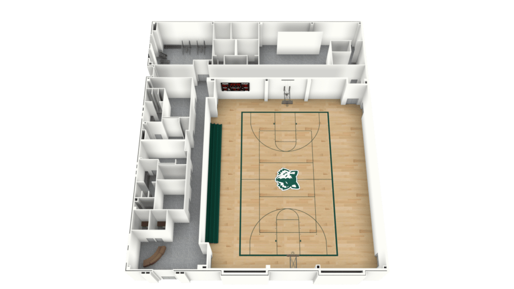 3D floor plan of a gymnasium with a basketball court featuring a bulldog logo at center, bleachers along one side, and several small rooms and hallways lining the perimeter.