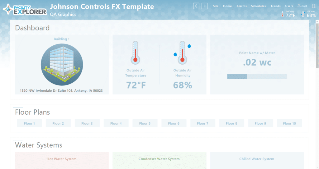 A digital dashboard displays building information: outside air temperature is 72°F, outside air humidity is 68%, and the meter reads 0.02 WC. The screen includes floor plan and water system tabs.