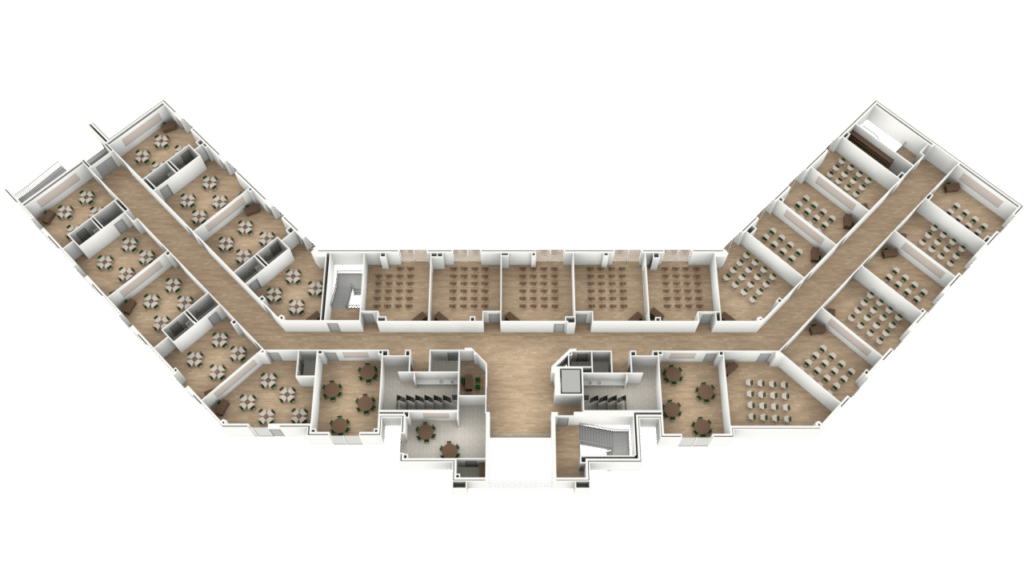 A 3D floor plan of a large, V-shaped office space with meeting rooms, open work areas, private offices, and lounge areas arranged along wide central hallways.