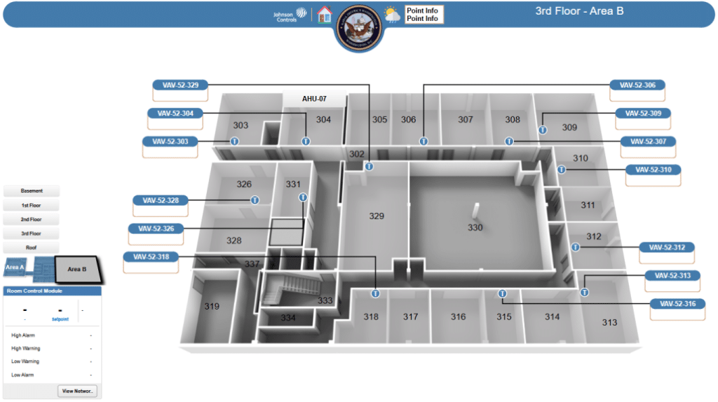 3D floor plan of the 3rd floor, Area B, features Johnson Controls graphics with multiple labeled rooms (326, 327, 328) surrounding a central large room (330). Blue labels mark each room, and a menu appears on the left side.