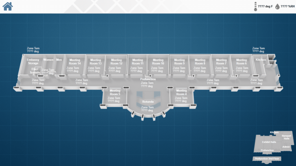 Floor plan of a building with labeled rooms—Embassy Storage, Kitchen, Meeting Rooms, Prefunction areas, and Rotunda—all arranged symmetrically on a blue grid background with Johnson Controls graphics elements.