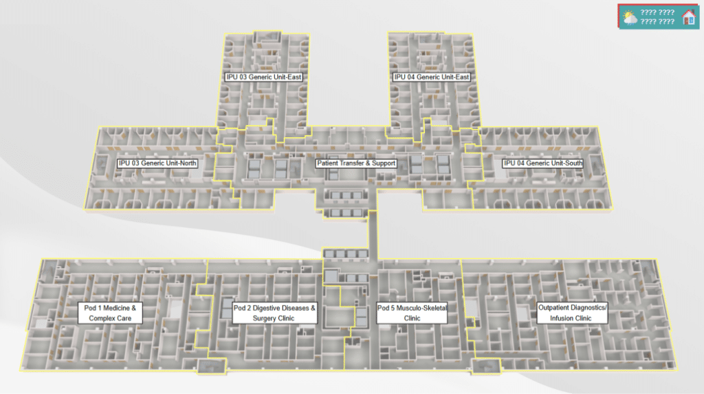 Floor plan of a medical facility featuring Johnson Controls graphics, labeled sections with four "IPU Generic Units," centralized "Patient Transfer & Support," and dedicated pods for Medicine, Digestive Diseases, Musculo-Skeletal, and Outpatient services.