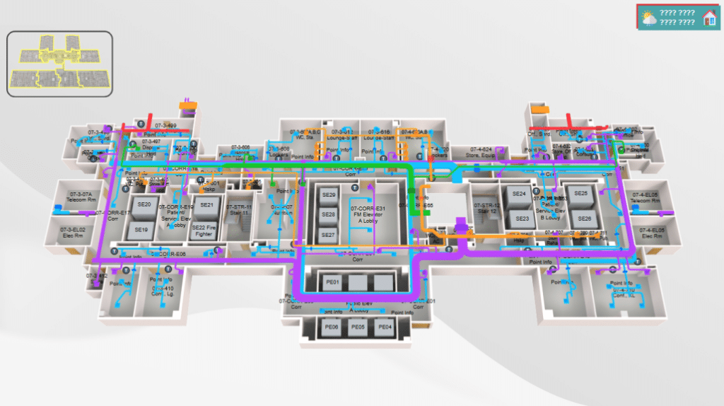3D floor plan of a building with color-coded pipes and labeled rooms, featuring johnson controls graphics to visualize a complex network of utilities throughout the structure. An inset map in the top left highlights the location.