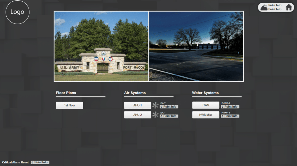 A digital interface displays johnson controls graphics with two photos: the entrance sign for U.S. Army Fort McCoy on the left and a road with buildings and trees on the right. Menu sections for floor plans, air systems, and water systems are below.