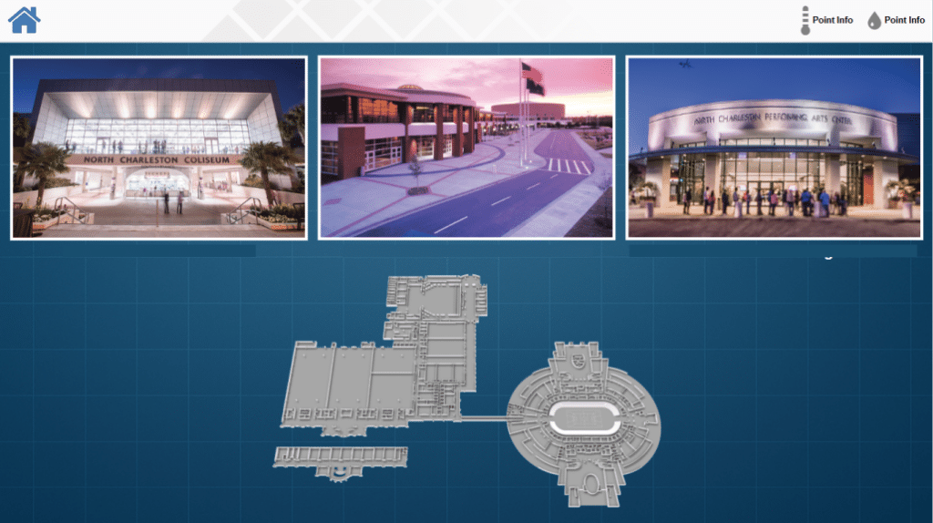 Three building photos appear above a blueprint diagram with Johnson Controls graphics. Left: North Charleston Coliseum entrance at night. Center: Modern building with flag and glass facade. Right: North Charleston Performing Arts Center entrance.