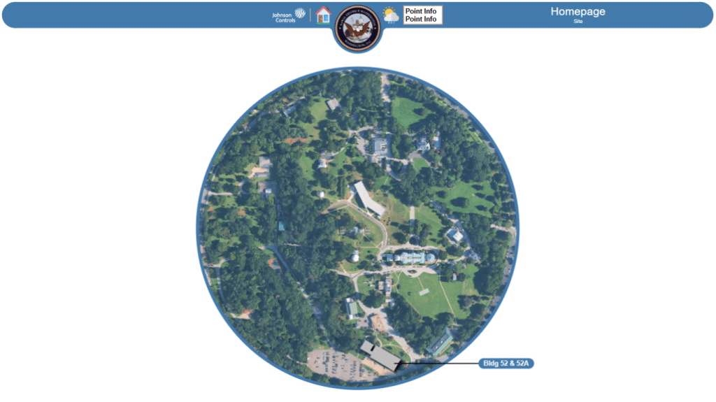 Circular aerial view of a campus with several buildings, green spaces, and trees. A pointer highlights "Bldg 524 SJA." The webpage header features a seal, navigation icons, the label "Homepage," and Johnson Controls graphics.