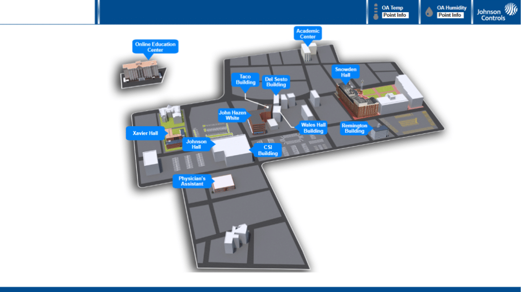 3D campus map featuring Johnson Controls graphics, highlighting buildings like the Academic Center, Johnson Hall, John Hauen White, CS Building, Del Sesto Building, and more.
