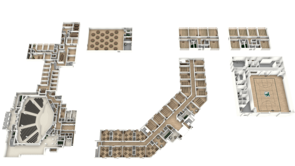 A 3D floor plan of a large building with an auditorium, several classrooms or offices, a gymnasium with a basketball court, meeting rooms, and open spaces, all connected by hallways.