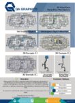 Infographic showcasing QA Graphics' 3D floor plan options and Trane graphics, featuring four floor plan styles, two ductwork examples, a customer options section, plus contact info and selection instructions.