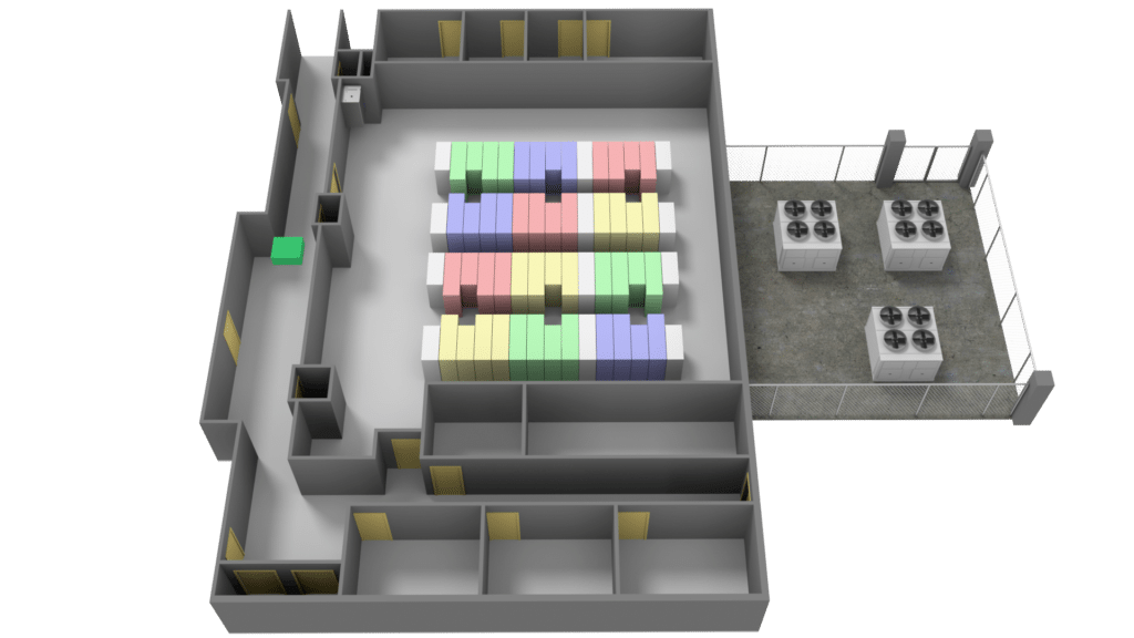 3D rendering of a data center layout featuring color-coded server racks, separate office and service rooms, outdoor cooling units behind a fenced area, and detailed data center graphics for enhanced visualization.