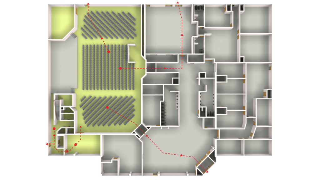 3D Floor Plan showing a large room with rows of seating, surrounding rooms and hallways, and a red dashed line marking a path through the building.