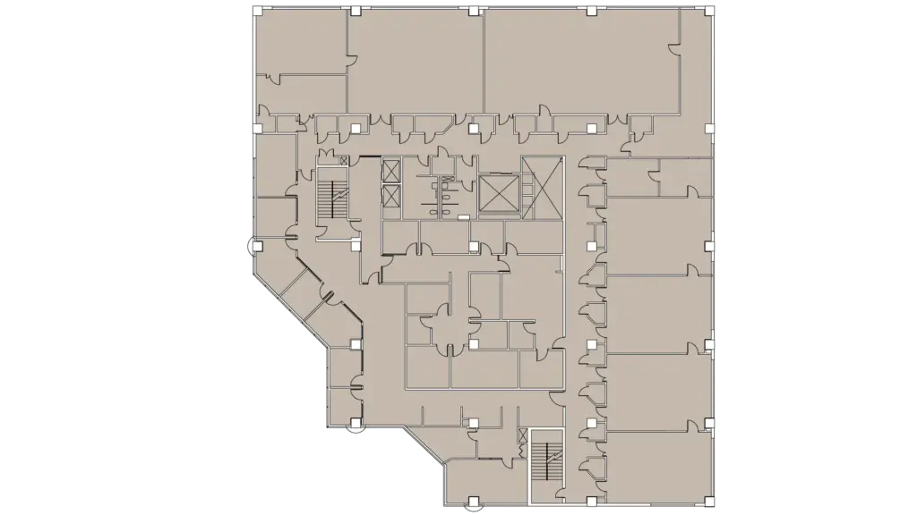 2D Example 1 A floor plan of a building featuring multiple rooms, corridors, stairwells, and elevator shafts, with doors and walls clearly defined, and various room shapes and sizes throughout the layout.