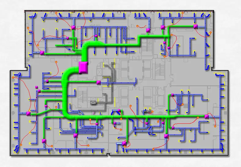 2D Example-Existing A building floor plan with colored lines: green ducts, blue pipes, pink connectors, and red lines illustrating HVAC, plumbing, and electrical systems throughout various rooms.