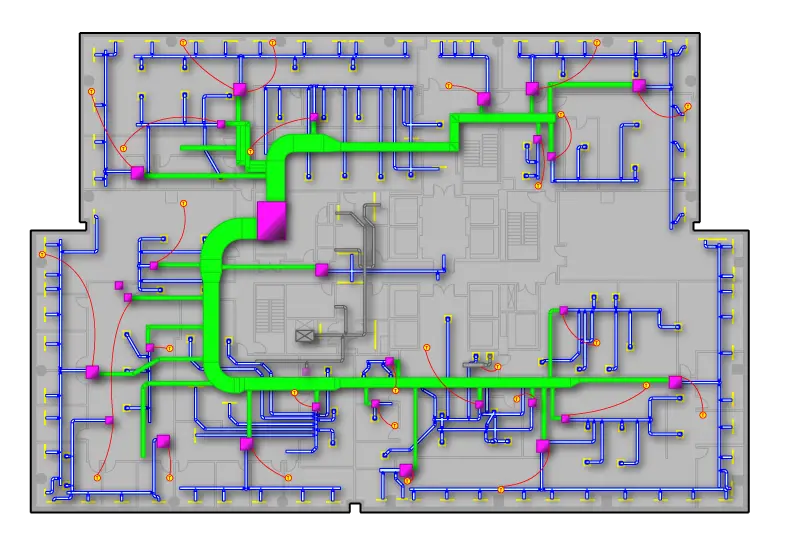 2D Example-New Image A floor plan with blue, red, and orange lines representing pipes or wiring, and thick green highlighted routes connecting various pink nodes throughout the building layout.