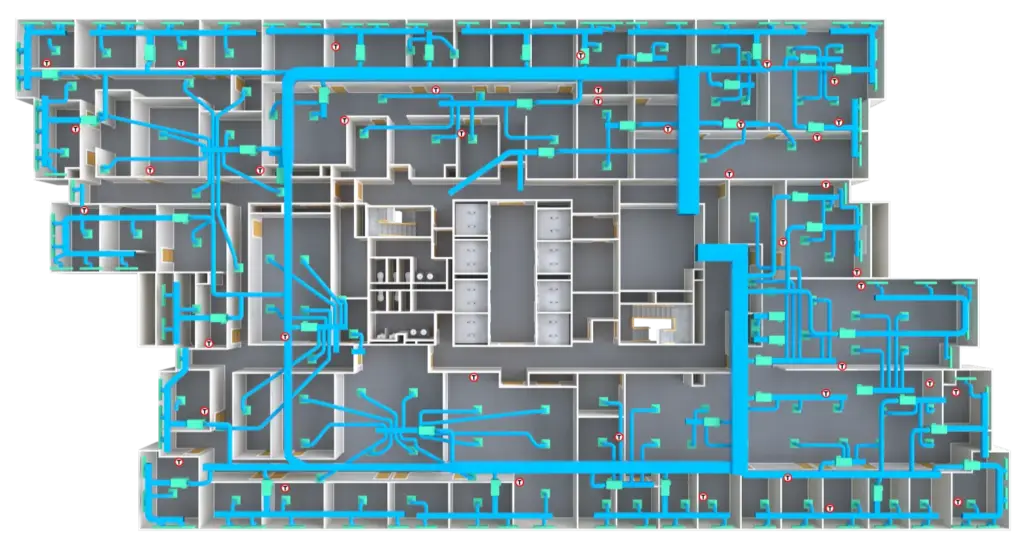 3D Example 1-Existing Diagram of a building floor plan with rooms and hallways, overlaid with blue lines representing a network of pipes or ducts, and red circular symbols indicating specific points throughout the layout.