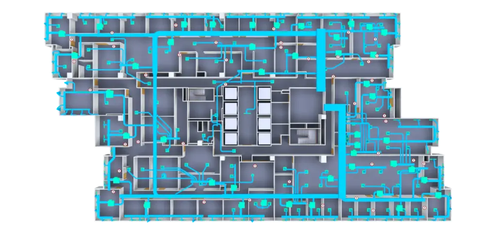 3D Example 1-New Image A digital floor plan of a multi-room building shows detailed HVAC and piping systems in bright blue and turquoise, with central elevator shafts and multiple corridors connecting rooms.