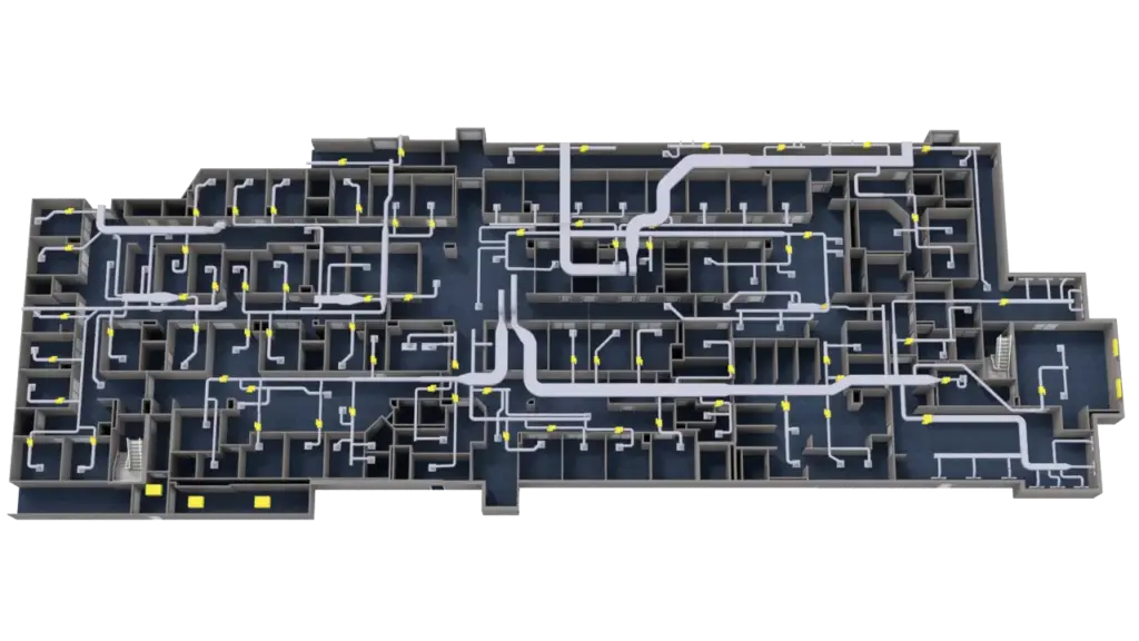 3D Example 2 A 3D floor plan of a large building with complex hallways and rooms. White pathways wind throughout the structure, and yellow squares and lines highlight various locations and features.