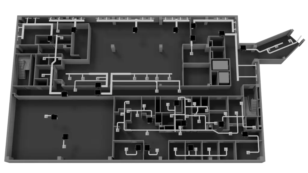 3D Example 4 3D floor plan of a building showing multiple rooms and hallways with white piping or ductwork throughout the structure, black square fixtures, and several entrances and exits. The layout is viewed from above.
