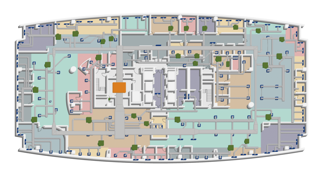 3D Floor Plan of a large building with multiple rooms in pastel colors, blue doorways, green squares for plants or trees, and a central gray area. Different zones are clearly separated by walls and corridors.