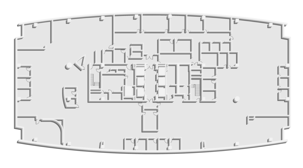 A grayscale 3D floor plan of a building with multiple rooms, corridors, and entrances; the layout is rectangular with curved edges on both sides. No furniture or labels are visible.