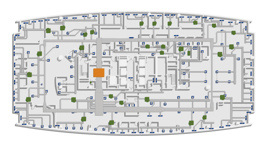 A 3D Floor Plan of a building with various rooms, hallways, and entrances; green squares represent trees or plants, blue symbols mark points along walls, and an orange square appears near the center.