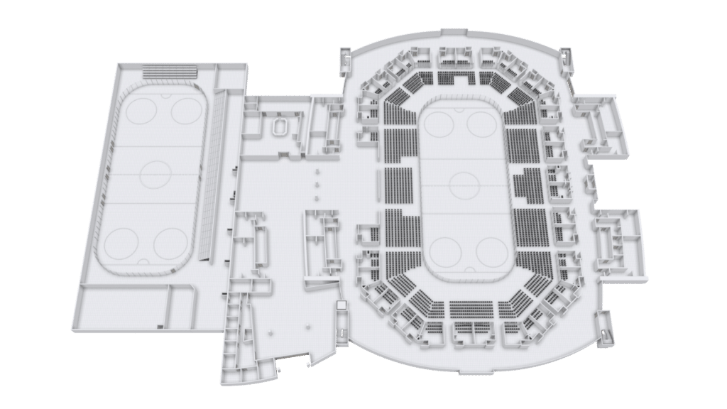 This 3D Floor Plan provides a detailed aerial view of an arena, showcasing two ice rinks, multiple seating sections, and various surrounding rooms and corridors, all presented on a clean white background.