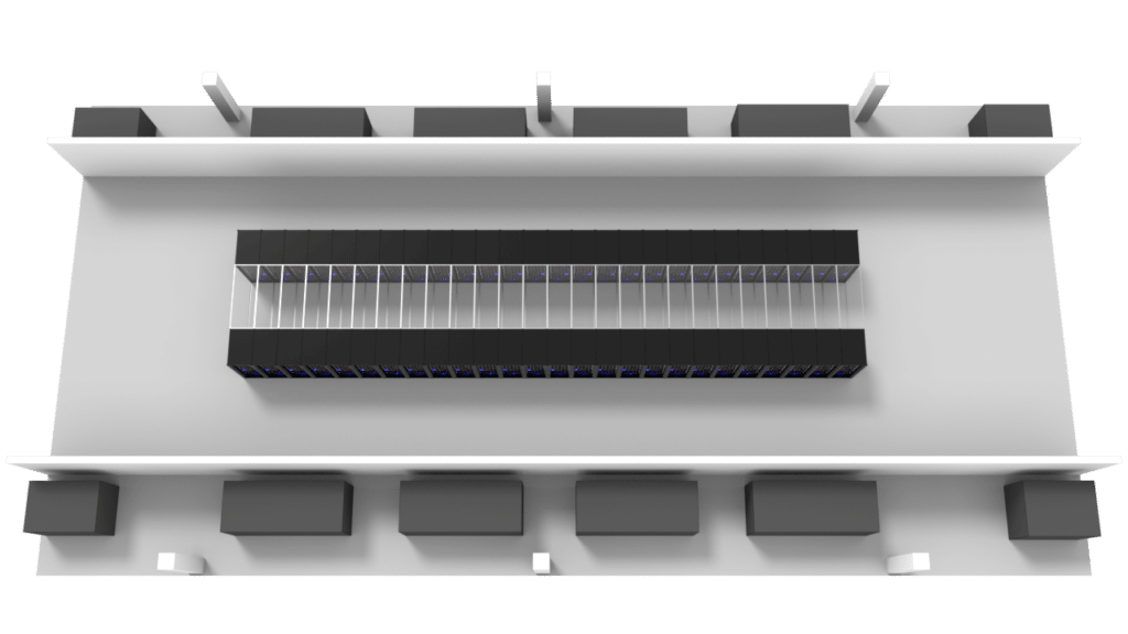 Top-down view of a data center layout with rows of server racks in the center, surrounded by larger rectangular units along the walls, illustrated using sleek data center graphics.
