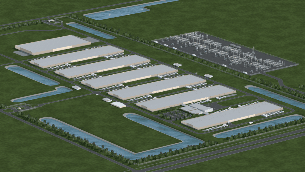 Aerial view of a large industrial facility with multiple long white buildings, a substation, access roads, green lawns, and ponds arranged around the structures—an impressive site reminiscent of modern data center graphics.