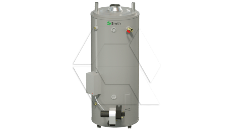 A gray vertical water heater with a cylindrical shape, labeled “A.O. Smith,” featuring various valves and fittings, stands against a plain light background.