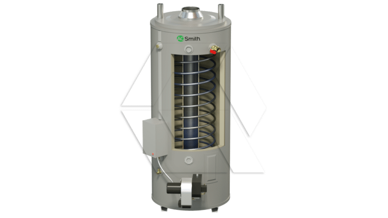 A grey cylindrical water heater with an exposed interior coil, control box, and pipes, labeled “A. O. Smith” near the top, isolated on a white background.