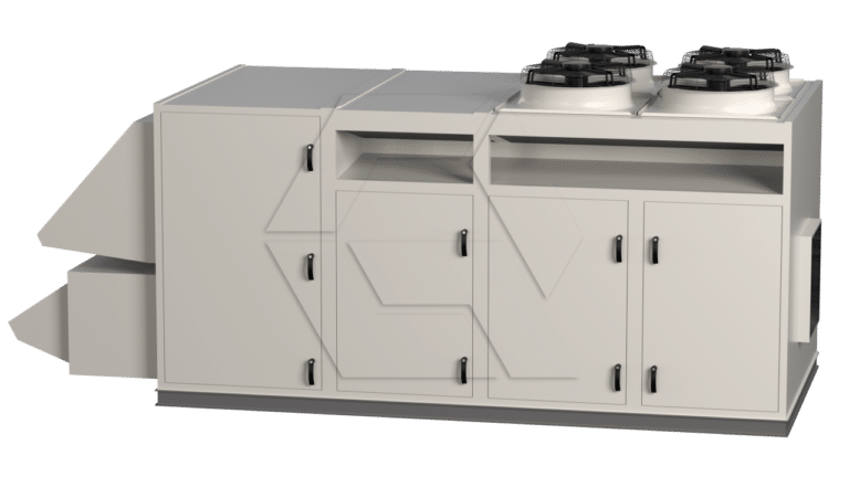 A large industrial HVAC unit with multiple fans on top, side vents, and several front-facing cabinet doors, all in a light gray color.