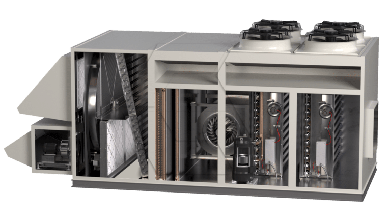 A cutaway view of an industrial HVAC unit showing internal components like fans, coils, compressors, heat exchangers, and control mechanisms, all housed in a rectangular metal casing.